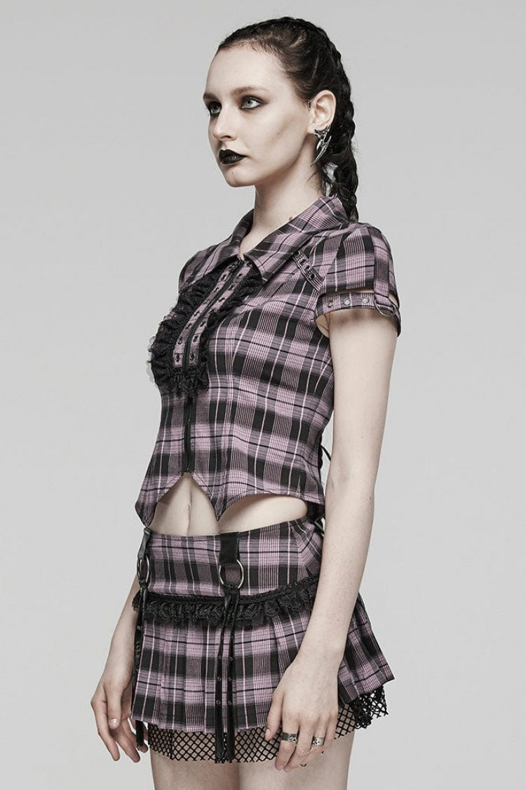 Women's Short Sleeves Plaid Print Hollow Lace Steampunk Blouse 2 Colors - Product - 6