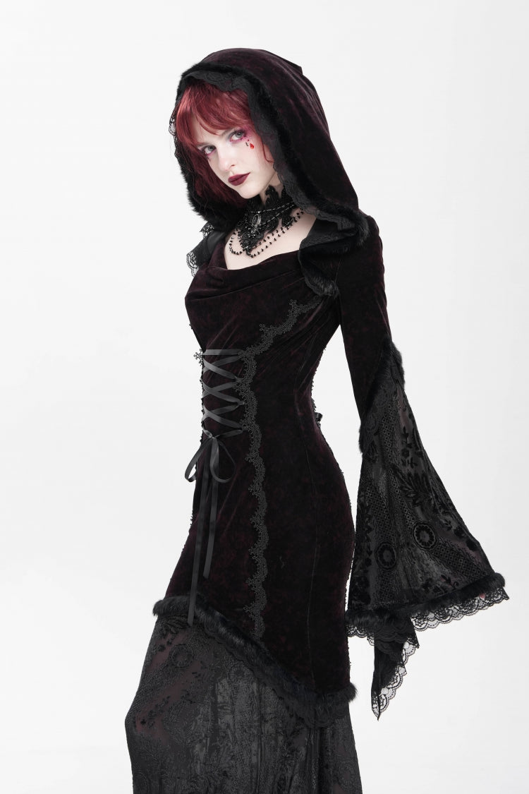 Black/Red Long Trumpet Sleeves Embroidery Stitching Lace Hooded Mesh Women's Gothic Dress - Product - 9