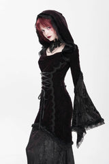 Black/Red Long Trumpet Sleeves Embroidery Stitching Lace Hooded Mesh Women's Gothic Dress - Product - 9