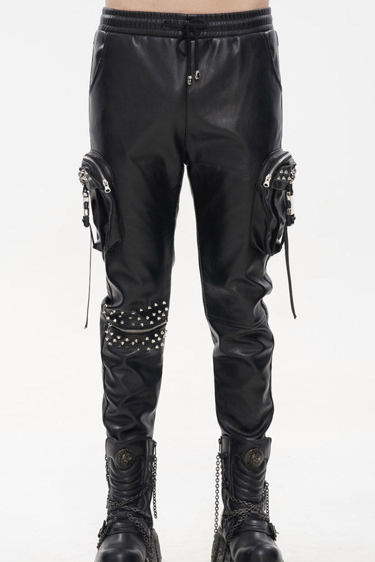 Black Punk Leather Metal Rivets Zipper Stereoscopic Side Pockets Men's Pants - Product - 7