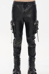 Black Punk Leather Metal Rivets Zipper Stereoscopic Side Pockets Men's Pants - Product - 7