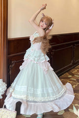 Pink/Green Summer Garden Ruffle Embroidery Bowknot Lace Sweet Lolita Jsk Long Dress - Product - 7