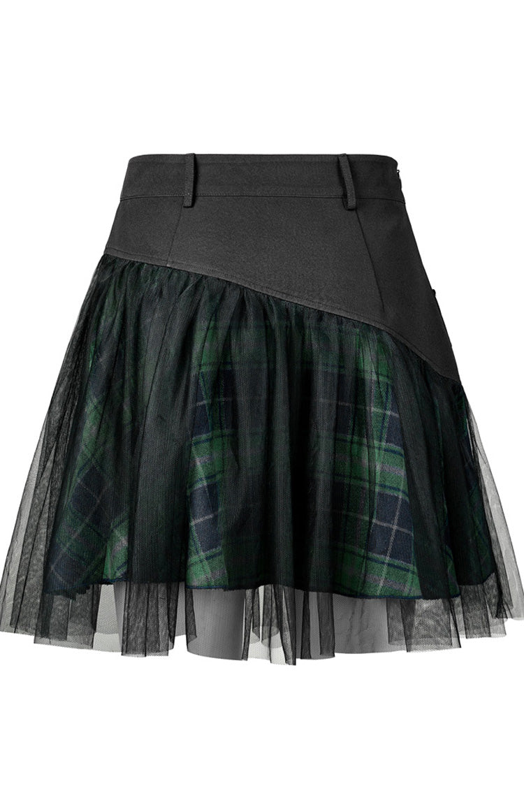Green Cotton Splicing Mesh Plaid Personalized Pocket Decoration Waist Punk Women's Short Skirt - Product - 6