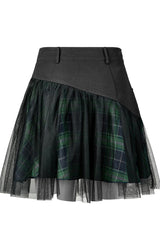 Green Cotton Splicing Mesh Plaid Personalized Pocket Decoration Waist Punk Women's Short Skirt - Product - 6