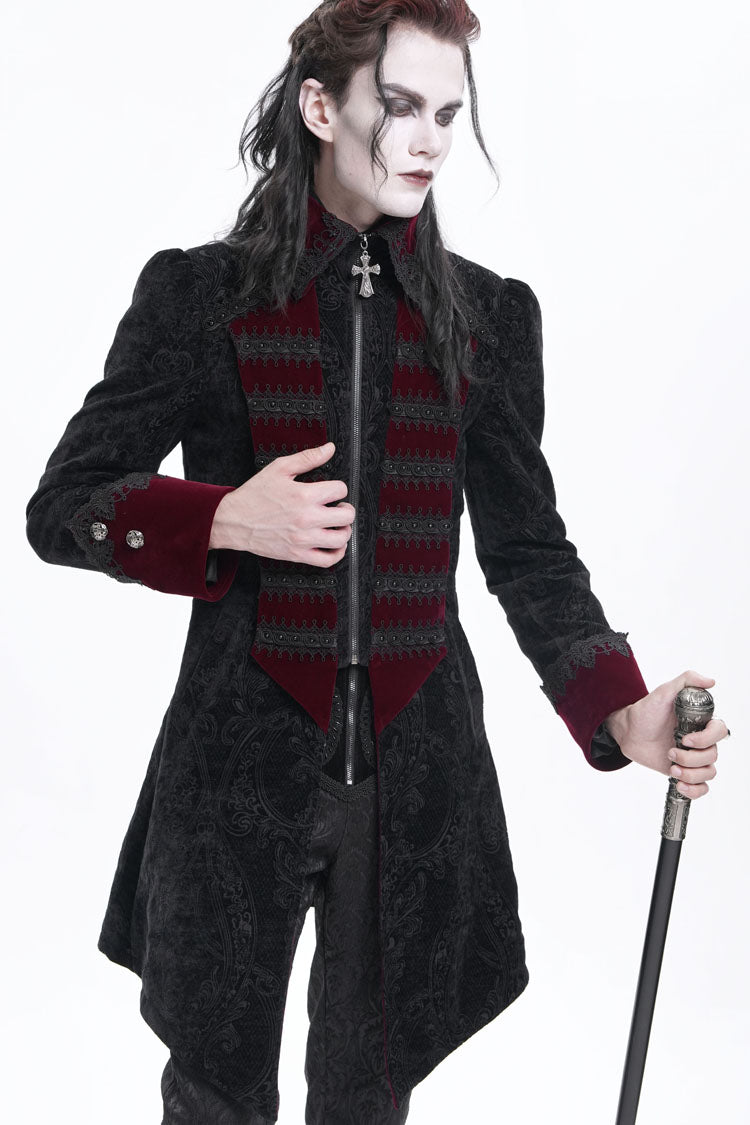 Black/Red Lapel Collar Long Sleeves Crochet  Men's Gothic Jacket - Product - 2