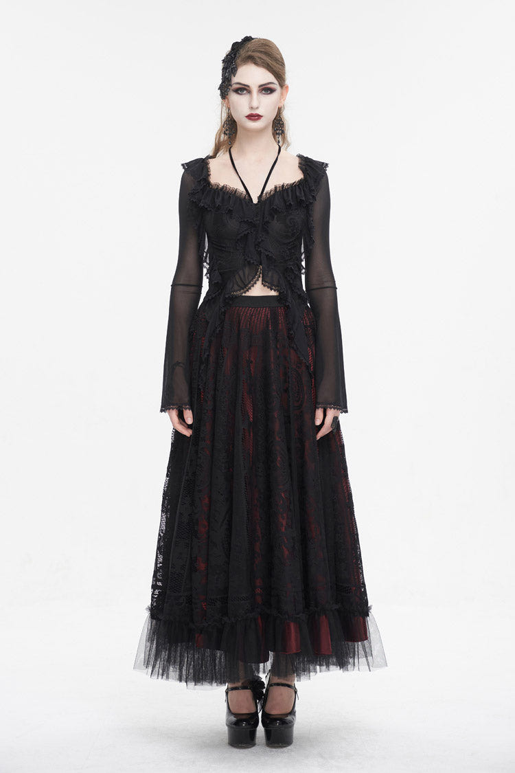 Black Lace Up Ruffled Trumpet Sleeves Mesh Women's Gothic Shirt - Product - 5