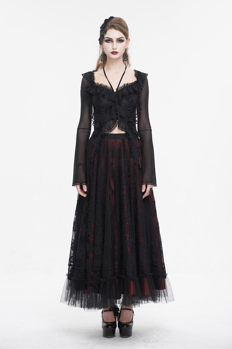 Black Lace Up Ruffled Trumpet Sleeves Mesh Women's Gothic Shirt - Product - 5