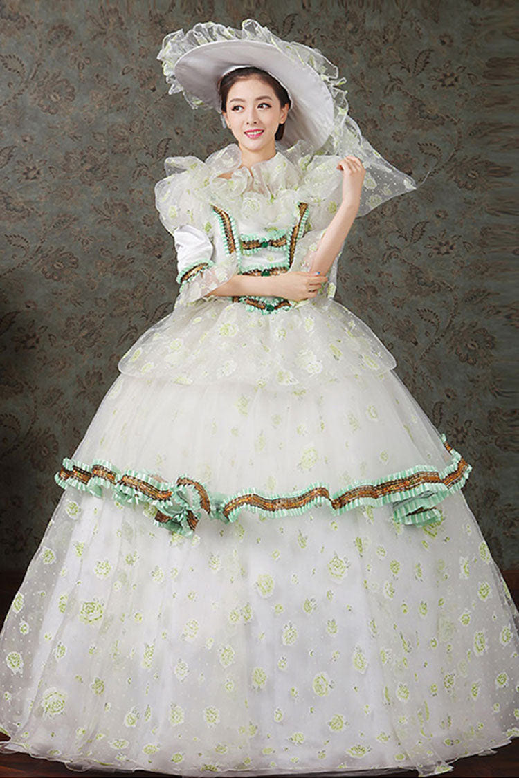 Half Sleeves Diamond Button High Waisted Hollow Embroidery Floral Print Multi-Layer Victorian Lolita Prom Dress - Green - 7