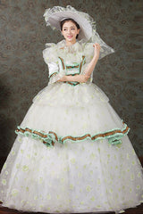 Half Sleeves Diamond Button High Waisted Hollow Embroidery Floral Print Multi-Layer Victorian Lolita Prom Dress - Green - 7