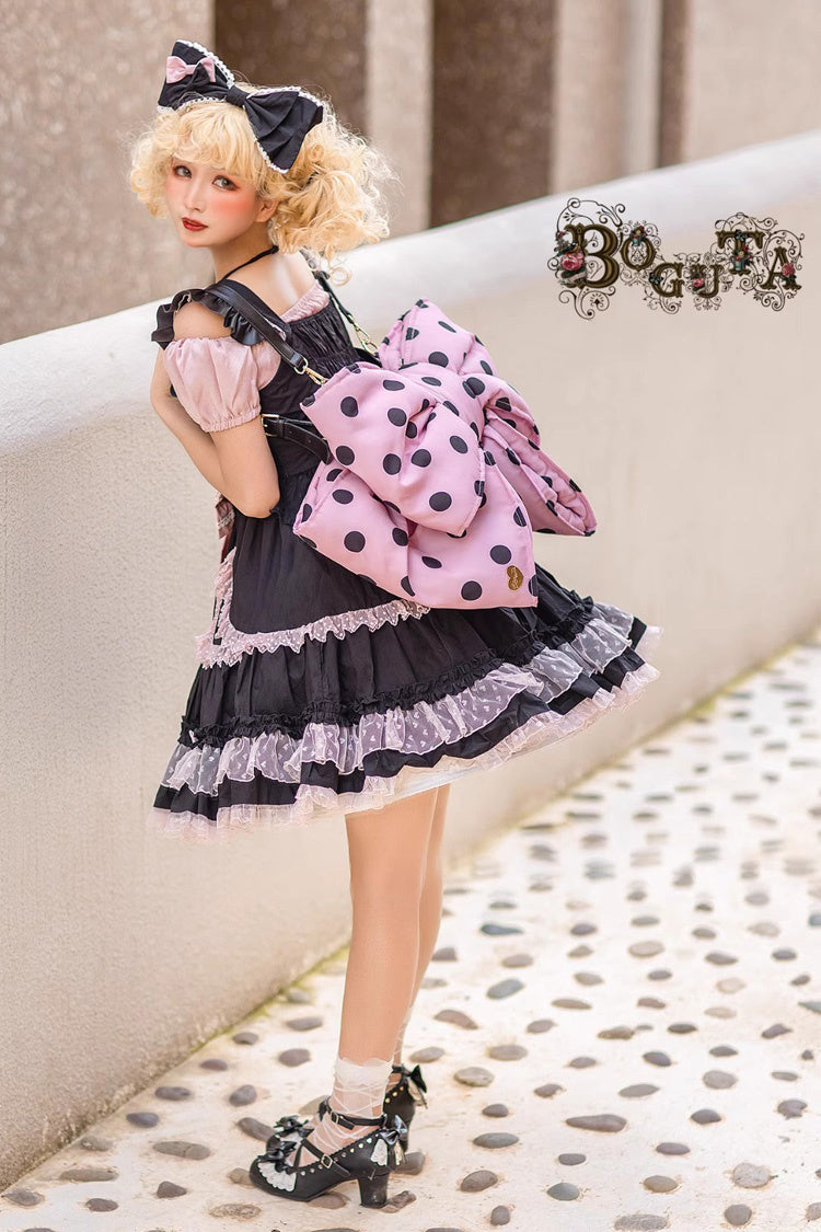 Pink/Black Polka Dot Print Bowknot Shaped Sweet Lolita Backpack - Pink/Black - 6