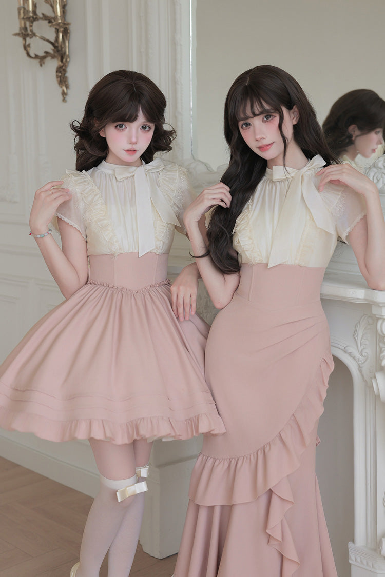 White/Pink Round Collar Short Sleeves Ruffled Bow Lace Color-Blocked Boned Sweet Lolita Dress 2 Versions - Product - 10