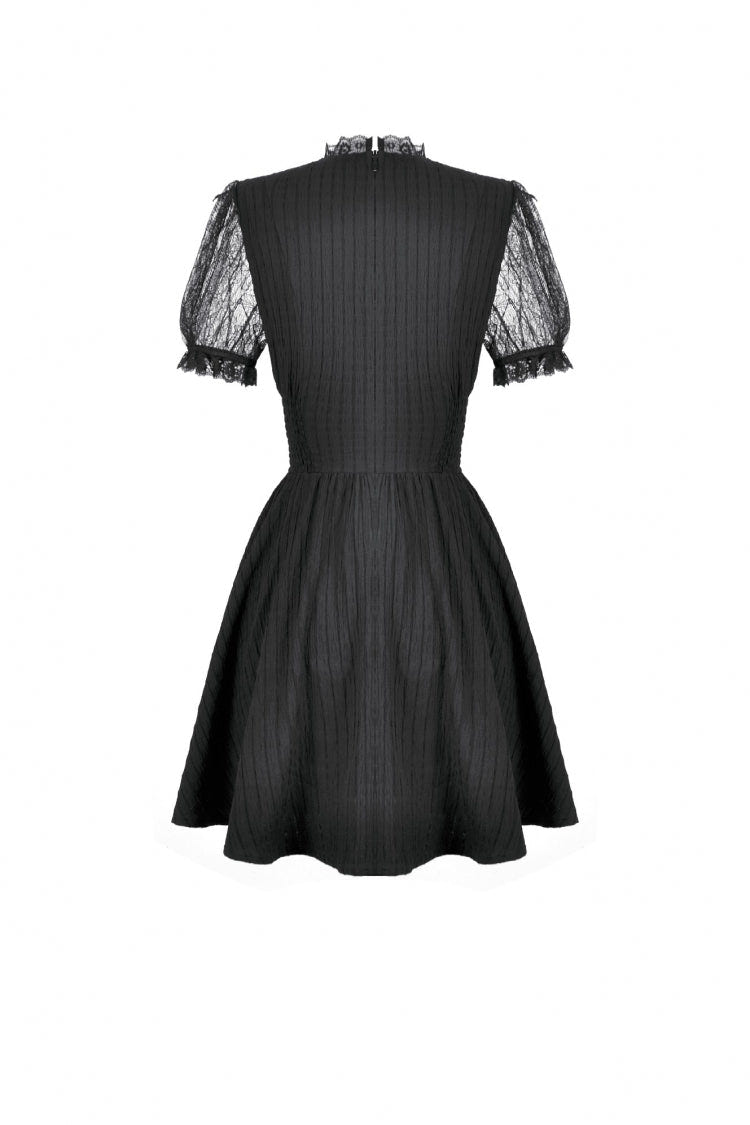 Black Lace Short Sleeves Cross Ruffled Women's Gothic Graduation Dress - Product - 13