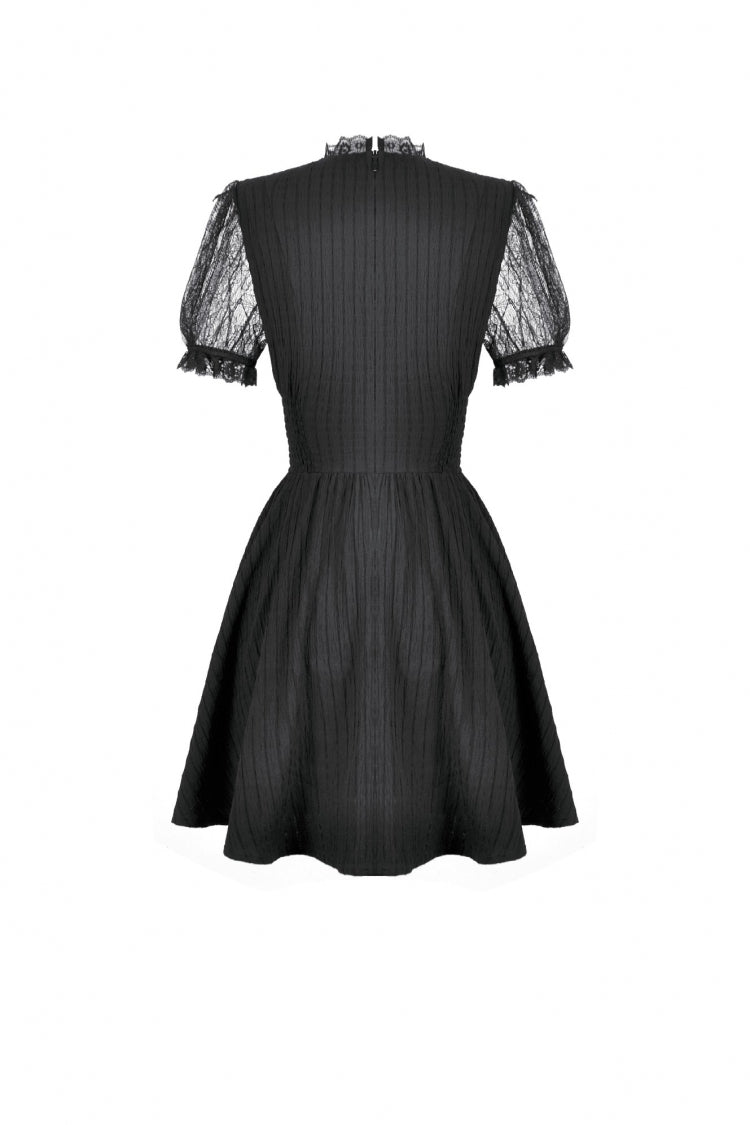 Black Lace Short Sleeves Cross Ruffled Women's Gothic Graduation Dress - Product - 13