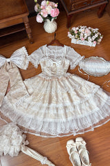 Yellow [Moonlight Woven Flower Box] Square Collar Multi-Layered Ruffled Hanayome Embroidered Bow Lace Sweet Plus Size Lolita Jsk Dress Set - Product - 4