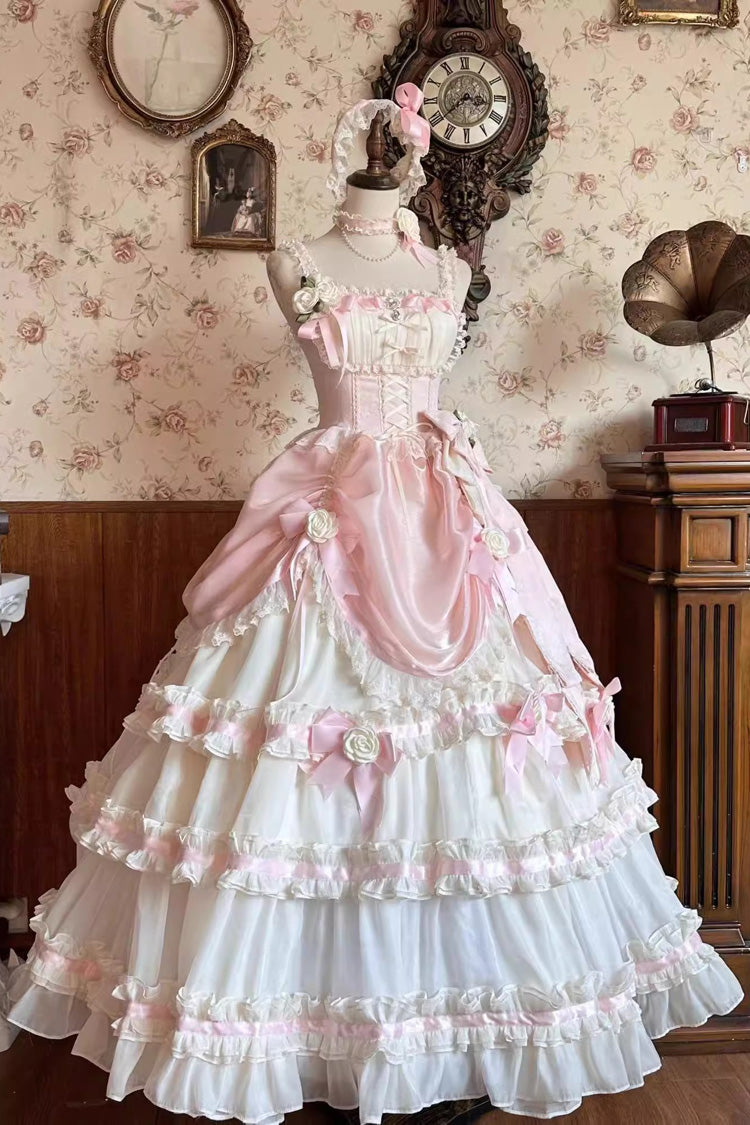 Apricot/Pink Multi-layer Ruffle Hanayome Bowknot Sweet Princess Gorgeous Long Lolita Jsk Dress - Product - 3