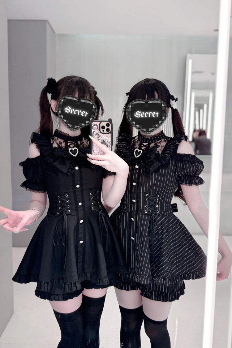 [Silver Candle Elegy”] Short Sleeves Printed Ruffled Cut-Out Bow Gothic Jirai Kei Top and Shorts Set 2 Colors - Product - 4