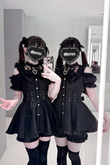 [Silver Candle Elegy”] Short Sleeves Printed Ruffled Cut-Out Bow Gothic Jirai Kei Top and Shorts Set 2 Colors - Product - 4