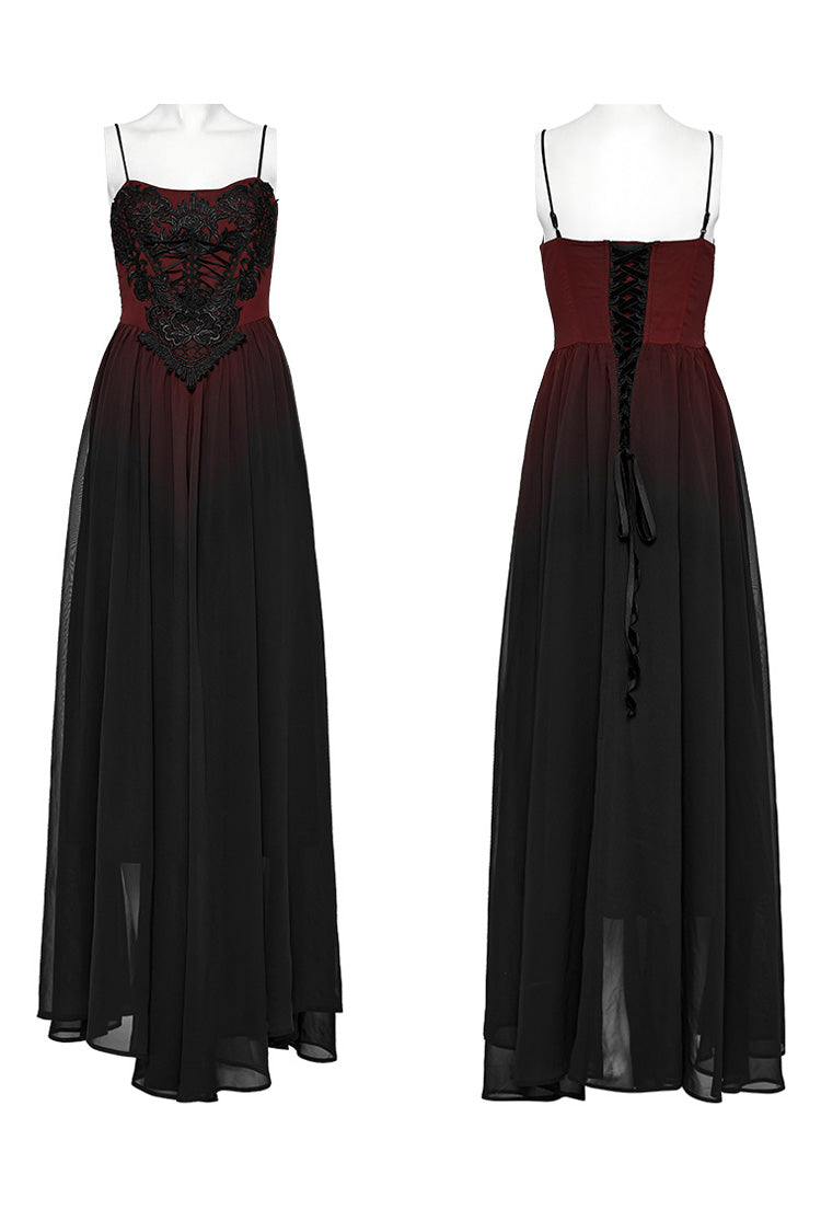 Black/Red Floral Embroidery Lace-Up Women's Gothic Slip Dress - Product - 5