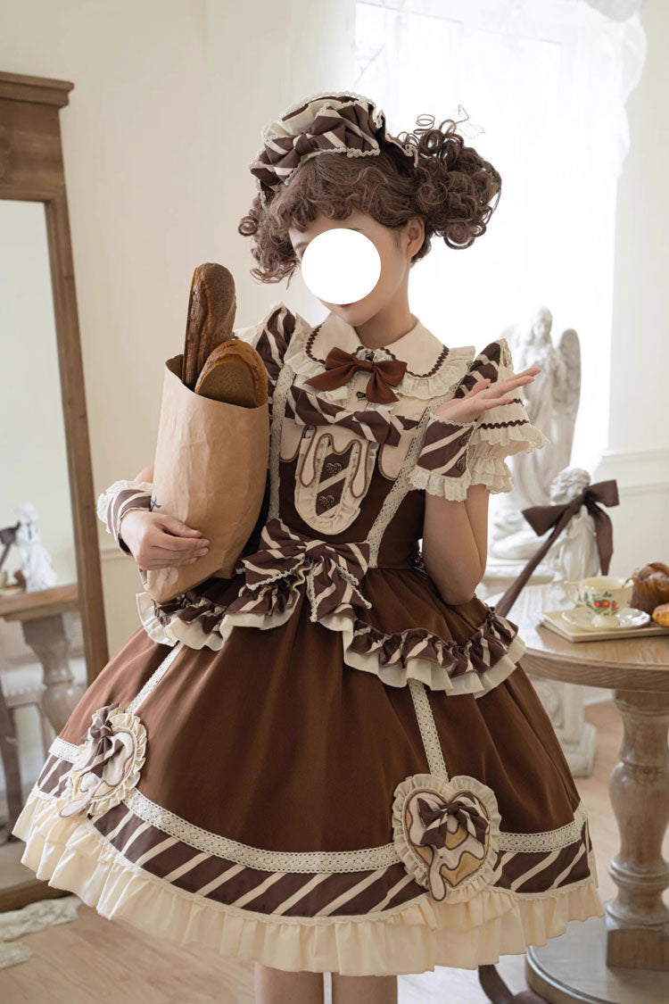 Brown Short Sleeves Print Ruffle Bowknot Sweet Princess Lolita Jsk Dress Set - Brown - 1