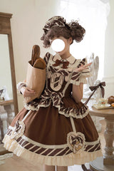Brown Short Sleeves Print Ruffle Bowknot Sweet Princess Lolita Jsk Dress Set - Brown - 1