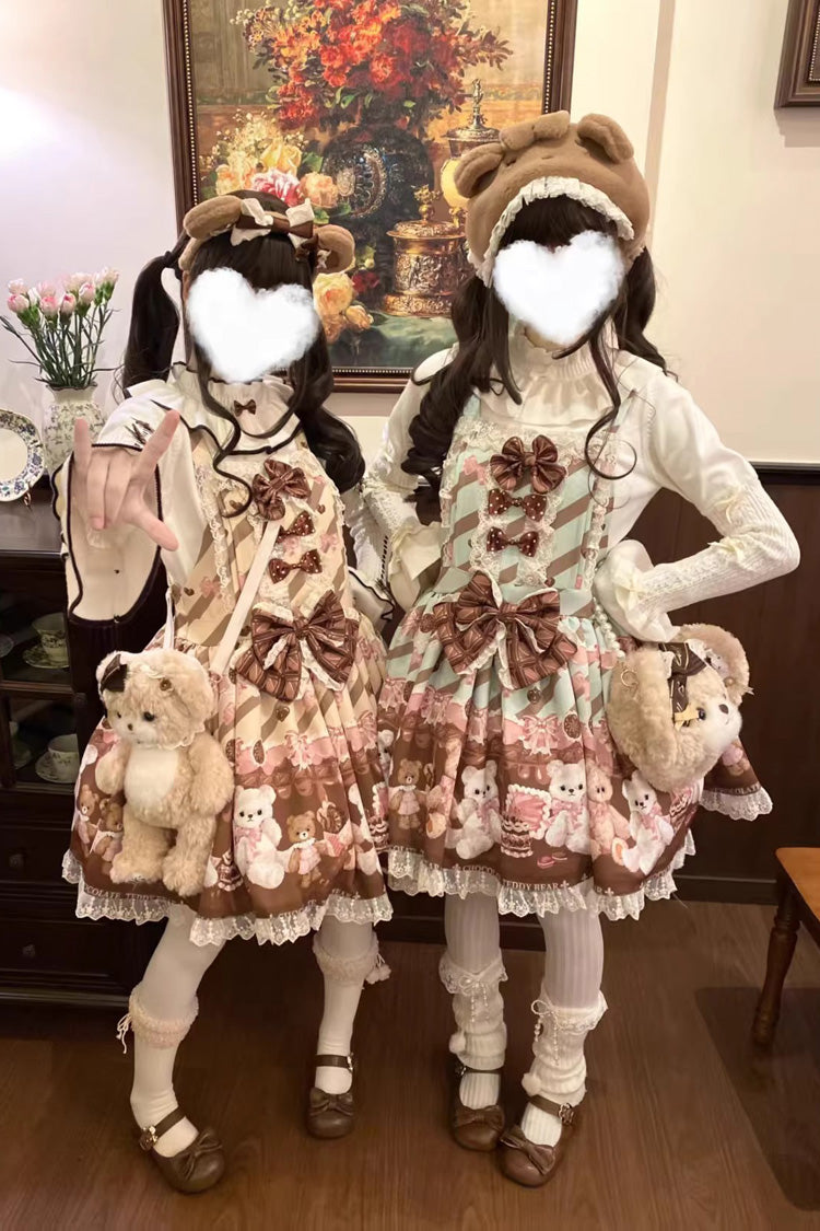 [Chocolate Brownie] Sleeveless Printed Ruffled Bow Lace Sweet Lolita Strap Dress 2 Colors - Product - 11