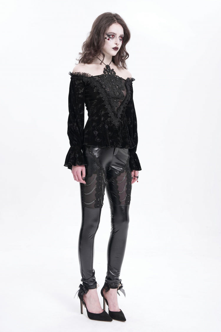 Black Off Shoulder Hollow Embroidery Women's Gothic Blouse - Product - 4