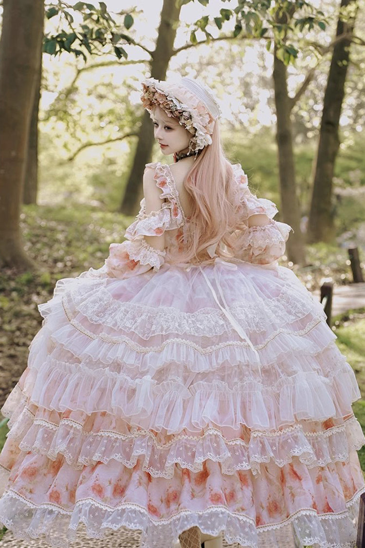 Pink [Rose Letter] Off Shoulder Triple-Layered Print Ruffle Hanayome Sweet Princess Lolita Dress - Product - 4