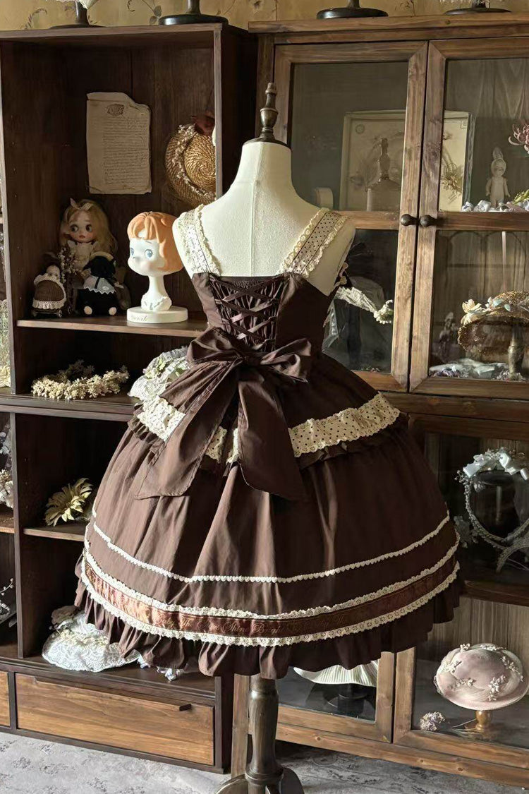 Dark Brown [Panda Gift] Square Collar Sleeveless Ruffled Bow Spliced Asymmetric Sweet Lolita Jsk Dress - Product - 4
