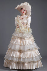 Champagne Hime Sleeves High Waisted Ruffled Multi-Layer Victorian Lolita Prom Tiered Dress - Product - 2