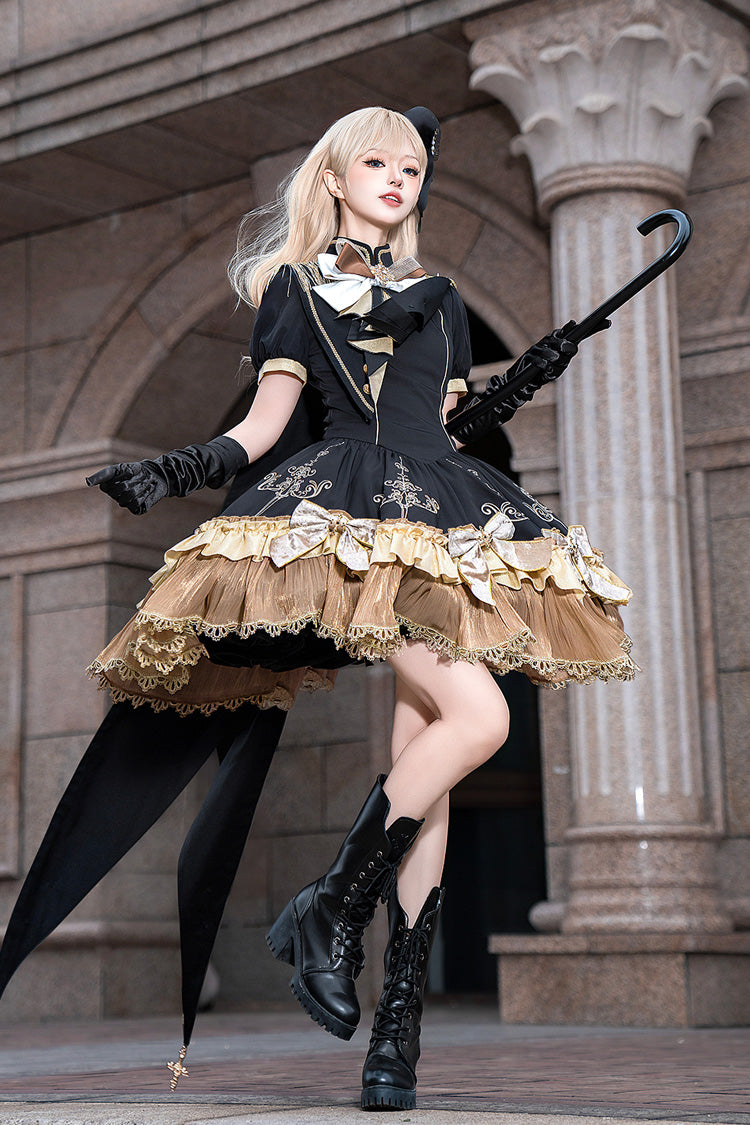 Black [Gilded Oath] Short Sleeves Double-Layered Ruffle Embroidery Bowknot Gothic Lolita Dress - Product - 2