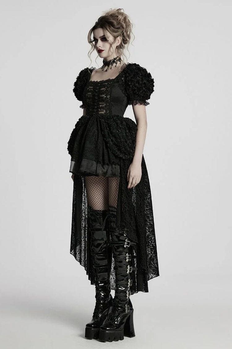 Black Square Collar Short Puff Sleeves Multi-Layered Women's Gothic Lolita High/Low Prom Dress - Product - 2