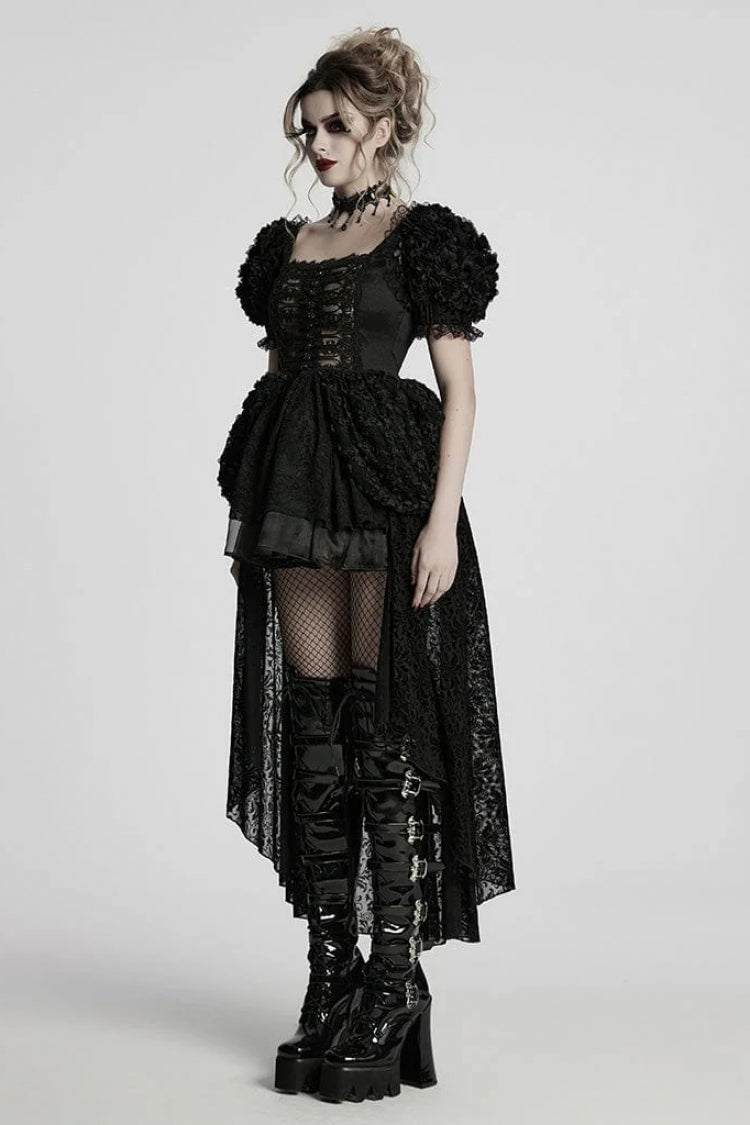 Black Square Collar Short Puff Sleeves Multi-Layered Women's Gothic Lolita High/Low Prom Dress - Product - 2