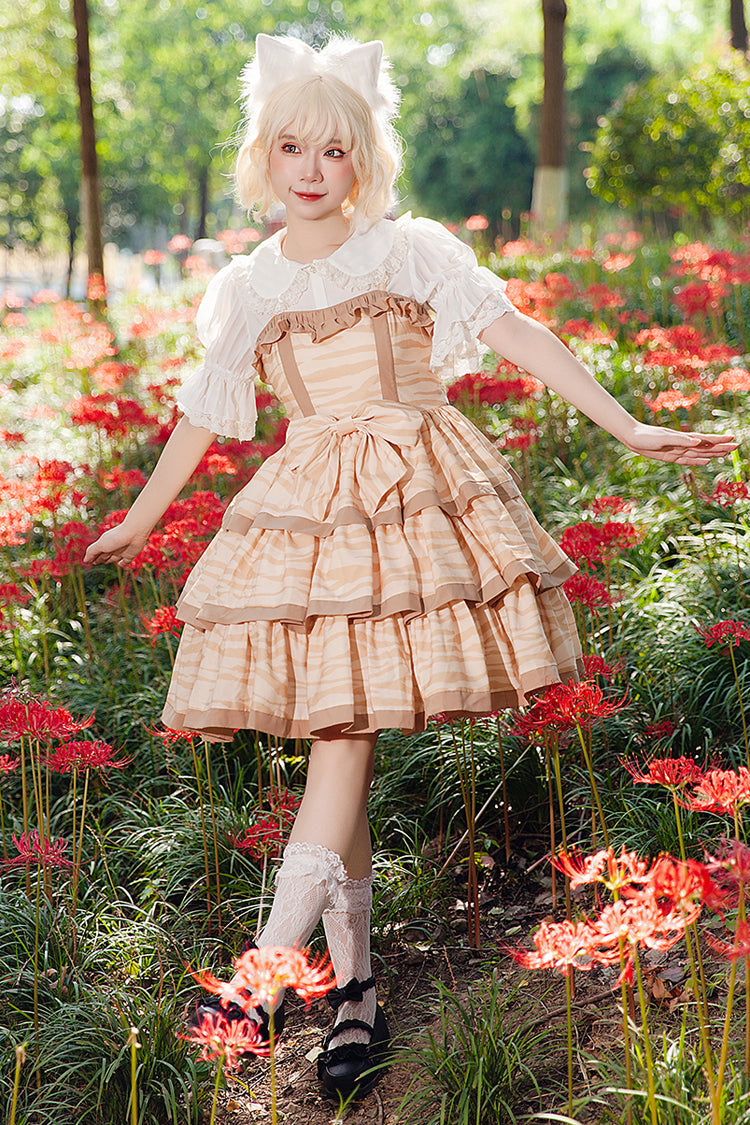 Apricot [Cloth Cat] Triple-Layered Print Ruffle Bowknot Sweet Lolita Dress - Apricot - 1