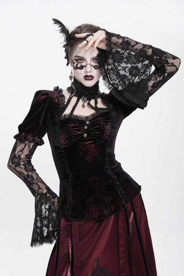 Red  Long Trumpet Sleeves Lace Mesh Faux Two-Piece Pleated Eyelet Women's Gothic Palace Velvet Blouse - Product - 12