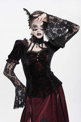 Red  Long Trumpet Sleeves Lace Mesh Faux Two-Piece Pleated Eyelet Women's Gothic Palace Velvet Blouse - Product - 12