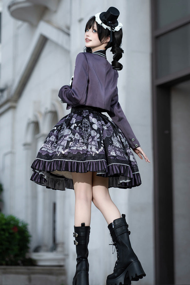Black/Purple [Magic Troupe] Printed Ruffled Sweet Classic Lolita Skirt Set - Product - 6