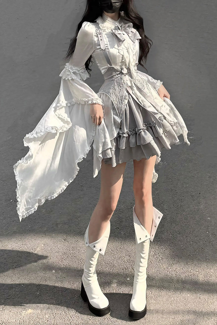 White/Silver [The Silver Key] Long Sleeves Ruffled Embroidered Open-Front Bow Gothic Lolita Skirt Set - Product - 5