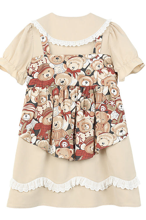 Beige Vintage Doll Collar Bear Print Fake Two Pieces Short Sleeves Sweet Lolita Dress - Product - 8