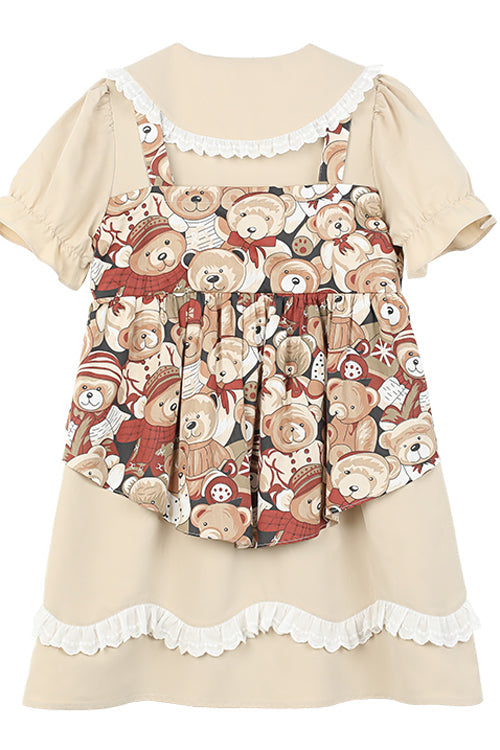 Beige Vintage Doll Collar Bear Print Fake Two Pieces Short Sleeves Sweet Lolita Dress - Product - 8