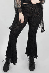 Black Plus Size Velvet Print Front Decals Knit Flare Women's Gothic Pants - Black - 1