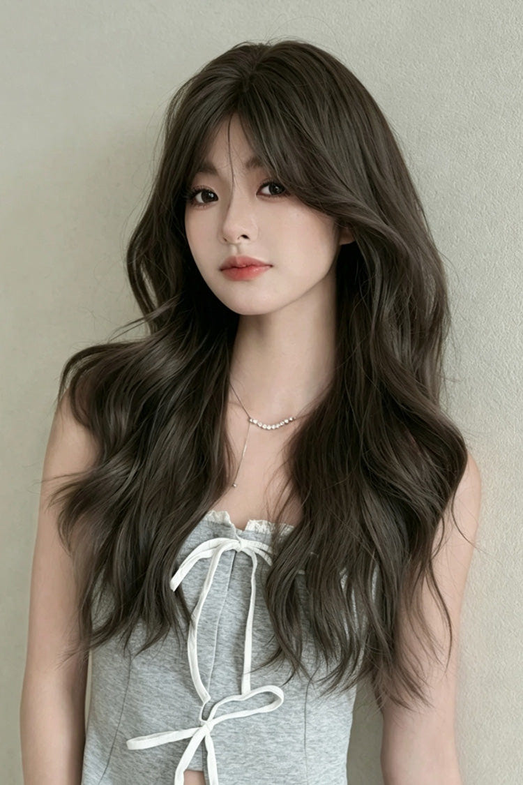 Cool Brown Fluffy Long Loose-Wavy Sweet Lolita Wig with Face-Framing Curtain Bangs - Product - 6