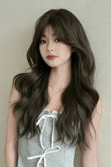 Cool Brown Fluffy Long Loose-Wavy Sweet Lolita Wig with Face-Framing Curtain Bangs - Product - 6