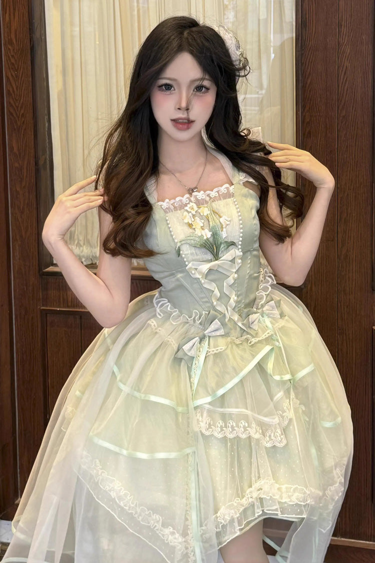 Green [Lily of the Valley Summer] Polka Dot Print Ruffle Bowknot Lace-Up Sweet Princess Lolita Jsk Dress - Product - 4