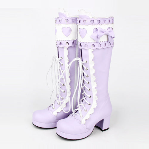 Lace Bowknot Heart Shaped Round Toe Sweet Lolita High Boots - Purple - 1