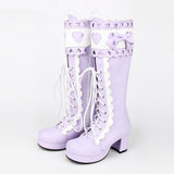 Lace Bowknot Heart Shaped Round Toe Sweet Lolita High Boots - Purple - 1