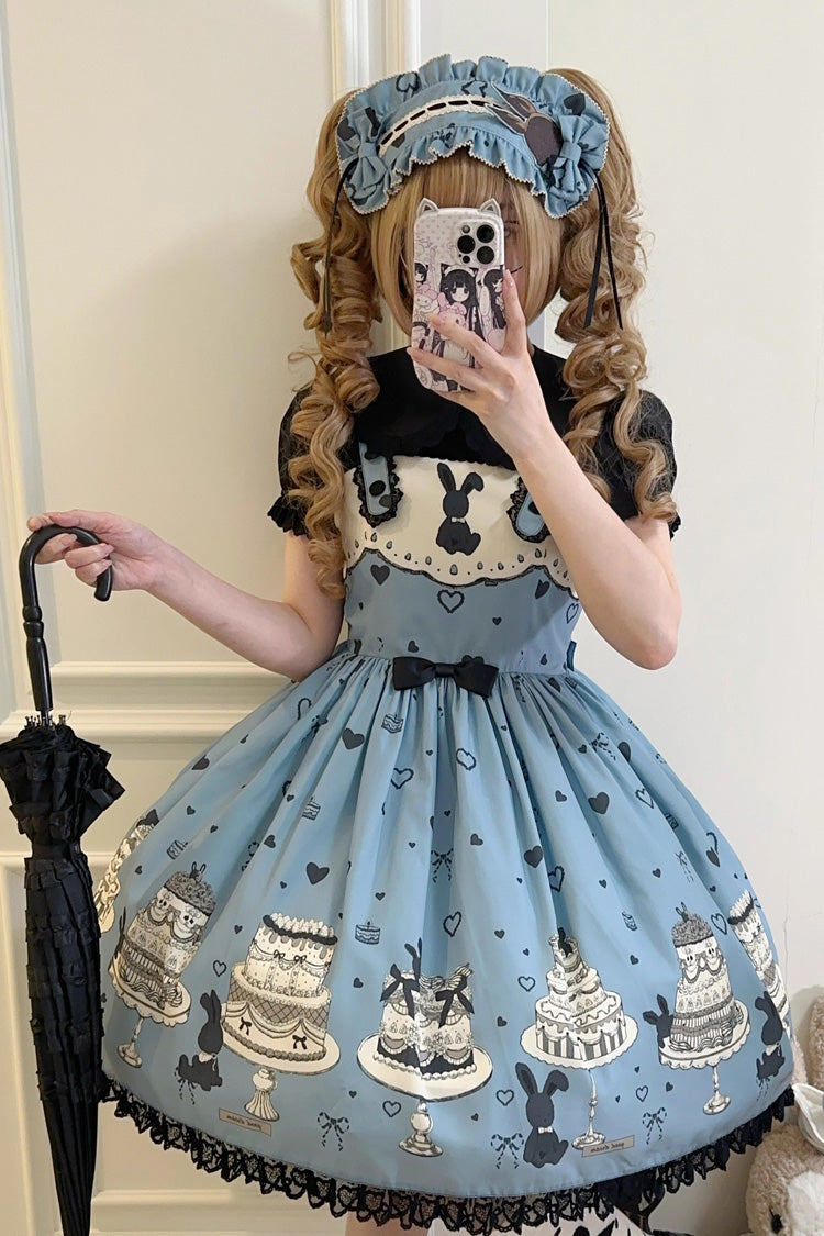 Blue Cake Bunny Print Bowknot Stitching Lace Sweet Lolita Jsk Dress - Product - 5