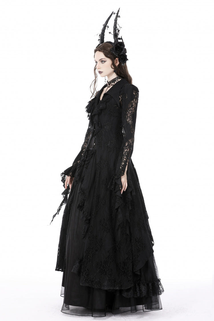 Black Lapel Collar Long Sleeves Ruffled Irregular Lace Lace-Up Women's Gothic Jacket Dress - Product - 12