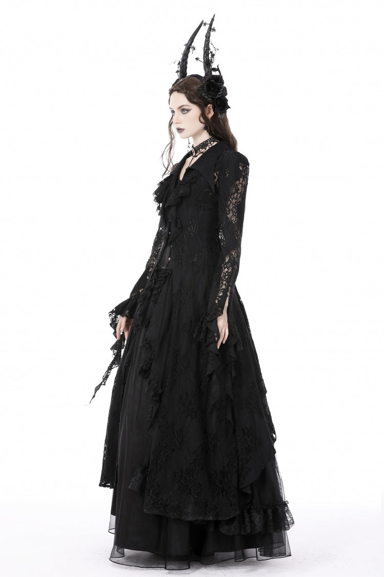 Black Lapel Collar Long Sleeves Ruffled Irregular Lace Lace-Up Women's Gothic Jacket Dress - Product - 12