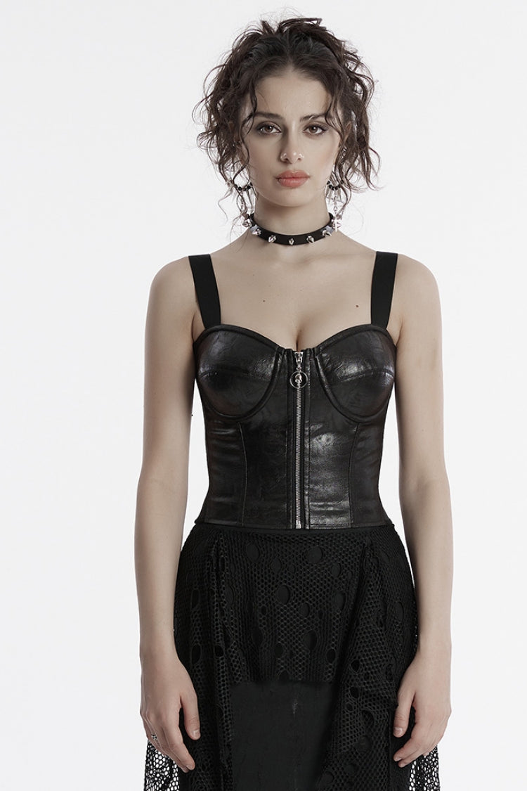 Black Sleeveless Faux Leather Stitching Zipper Women's Punk Vest - Black - 1