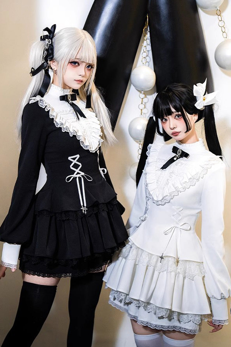 Black Long Sleeves Ruffle Lace-Up Sweet Handsome Lolita Dress - Product - 4